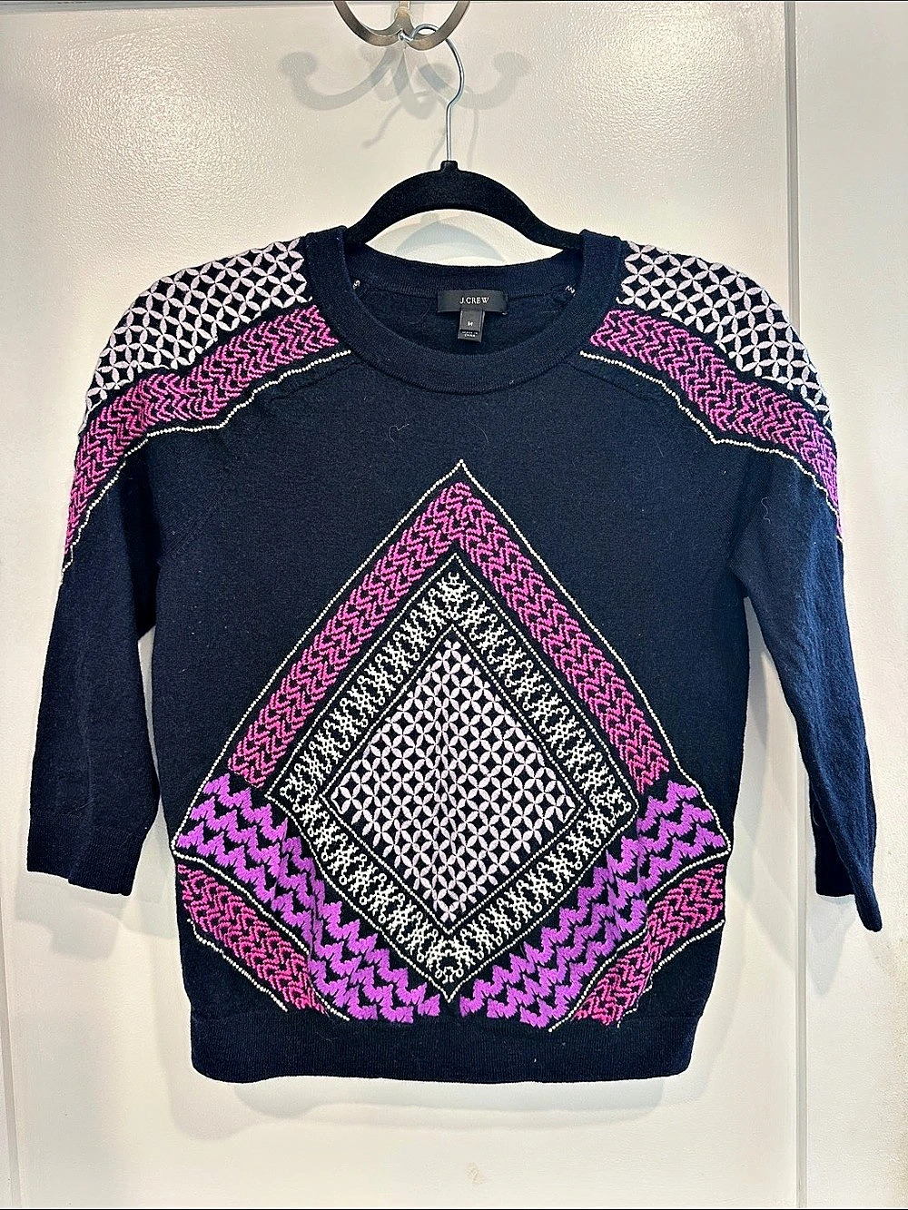 J.Crew Geometric Crewneck Sweater in Blue & Pink Size Medium